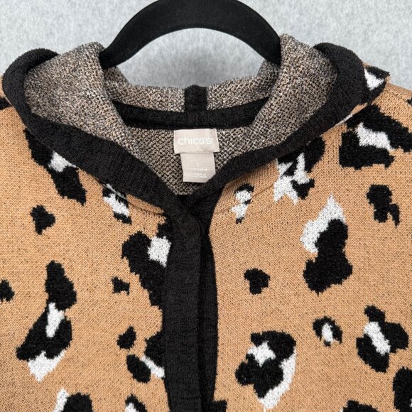 Chicos Long Line Knit Cardigan Sweater Size 1/M Animal Print Hood Cozy NEW - Picture 2 of 14